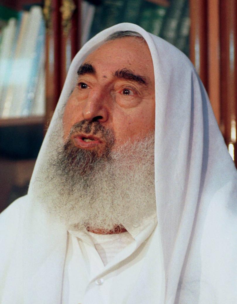 Sheikh Ahmed Yassin, the leader of the militant Islamic group  Hamas speaks during a press conference at his home in Gaza City, Thursday October 1, 1998.  Yassin said that a crackdown by Israeli and Palestinian security forces was making it difficult for the radical group to carry out threats to attack Israelis.  Yassin commented "The military wing of Hamas faces grave difficulties, especially now that there is cooperation by the Palestinian Authority, Israel and America".  (AP Photo/Adel Hana)