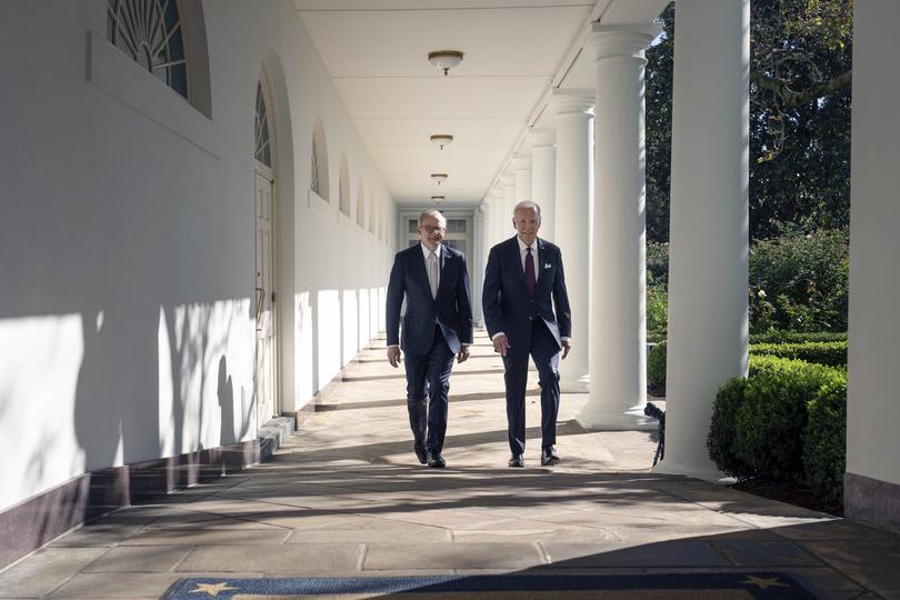 President Joe Biden and Australia's Prime Minister Anthony Albanese walk along the White House Colonnade toward the Oval Office for a meeting at the White House, Wednesday, Oct. 25, 2023, in Washington.  (Erin Schaff/The New York Times via AP, Pool)