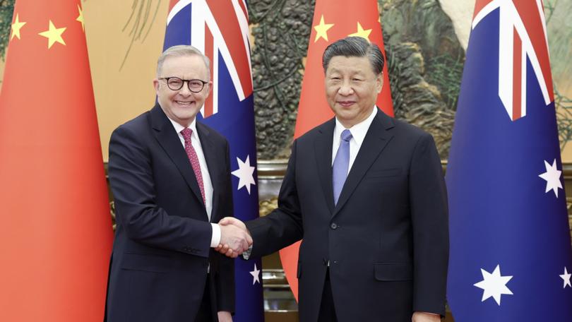 Prime Minister Anthony Albanese, left, meets with China's President Xi Jinping at the Great Hall of the People in Beijing, China, Monday, Nov. 6, 2023. 