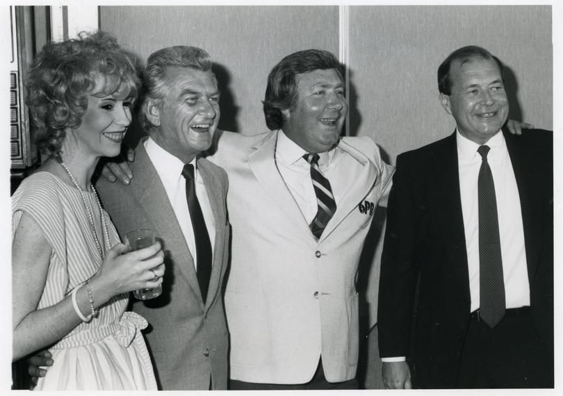 Former 6PR general manger Cherie Gardiner with Bob Hawke, radio broadcaster Bob Maumill and Brian Burke.