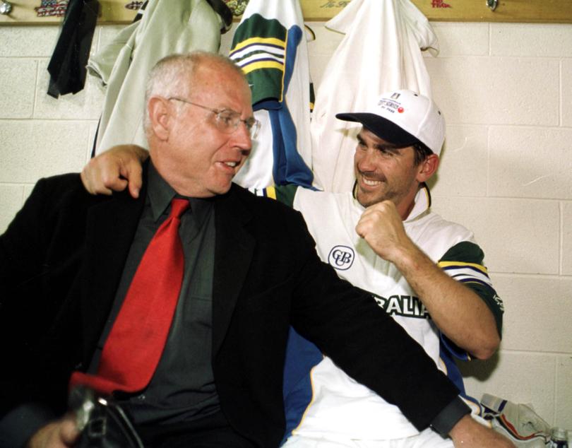 Best mates: Justin Langer is congratulated by his dad Colin Langer after a cricketing victory for Australia. Jack Atley
