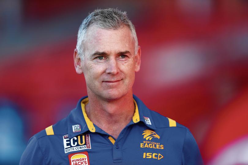 GOLD COAST, AUSTRALIA - JULY 04: Eagles coach Adam Simpson looks on before the round 5 AFL match between the West Coast Eagles and the Sydney Swans at Metricon Stadium on July 04, 2020 in Gold Coast, Australia. (Photo by Chris Hyde/AFL Photos/via Getty Images)