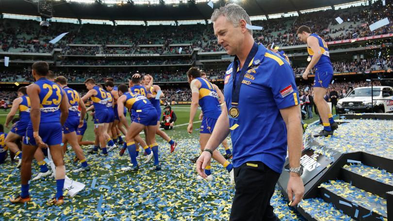 Adam Simpson, Senior Coach of the Eagles leaves the stage during the 2018 Toyota AFL Grand Final match between the West Coast Eagles and the Collingwood Magpies.