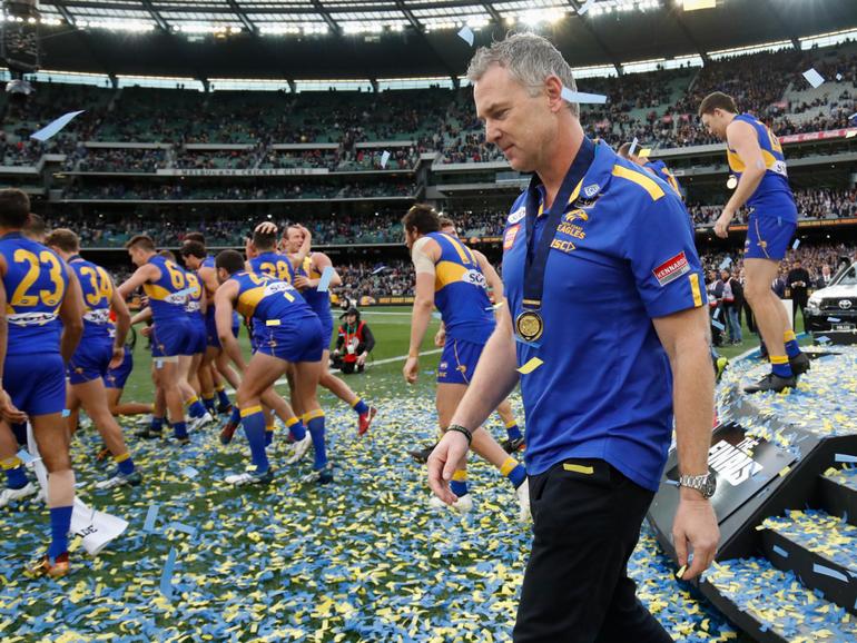 Adam Simpson, Senior Coach of the Eagles leaves the stage during the 2018 Toyota AFL Grand Final match between the West Coast Eagles and the Collingwood Magpies.