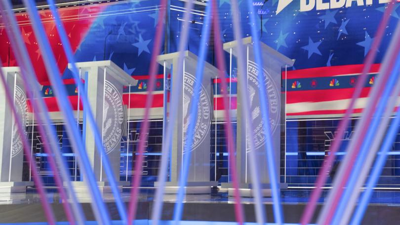 The stage set for the third Republican presidential primary debate at the Adrienne Arsht Center for the Performing Arts in Miami, on Nov. 7, 2023.