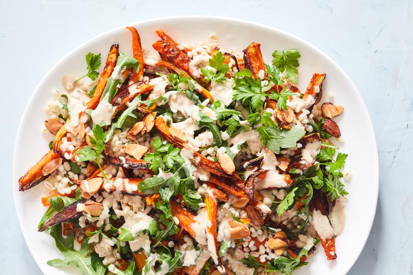 Warm roasted carrot and barley salad. Its salad season in Hetty Lui McKinnons native Australia, but she created this hearty dish for chilly, late fall days. Food styled by Rebecca Jurkevich. (Beatriz Da Costa/The New York Times)