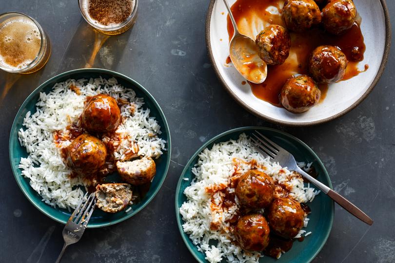 Jerk chicken meatballs with bbq-pineapple glaze. Take a break from roasted poultry with these chicken meatballs from Millie Peartree. Food styled by Barrett Washburne. (Christopher Simpson/The New York Times)