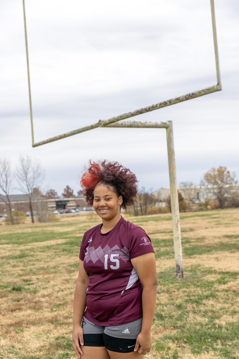 Honesty Butler plays flag football at Fort Scott Community College in Fort Scott, Kan. on Thursday, Nov. 9, 2023. 