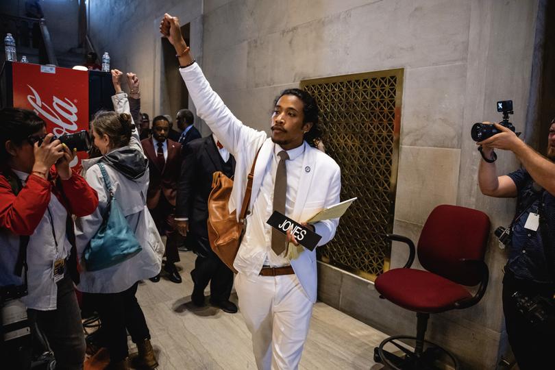 FILE  State Representative Justin Jones exits the chamber floor with his nameplate at the State Capitol in Nashville, Tenn., April 6, 2023.  They all made us talk: about what we wear, how we live and how we express ourselves. (Jon Cherry/The New York Times)
