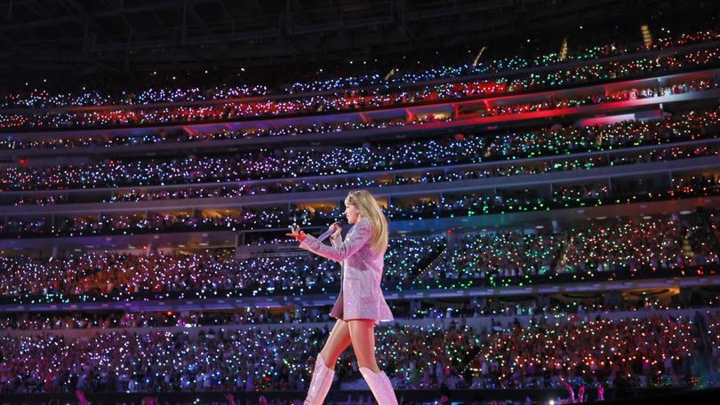 Taylor Swift performs onstage during "Taylor Swift | The Eras Tour" at SoFi Stadium on August 03, 2023 in Inglewood, California.