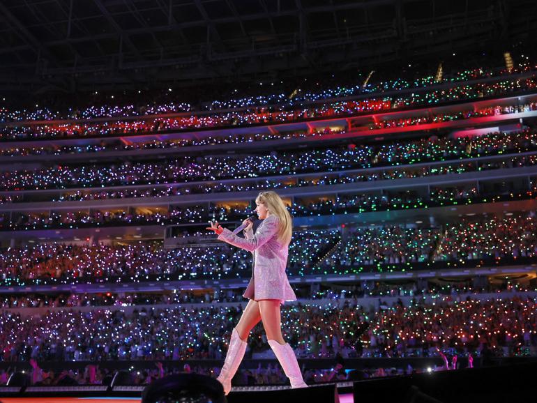 Taylor Swift performs onstage during "Taylor Swift | The Eras Tour" at SoFi Stadium on August 03, 2023 in Inglewood, California.