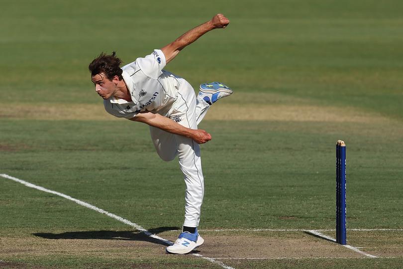 PERTH, AUSTRALIA - NOVEMBER 15: Lance Morris of Western Australia bowls during the Sheffield Shield match between Western Australia and South Australia at the WACA, on November 15, 2023, in Perth, Australia. (Photo by Paul Kane/Getty Images)