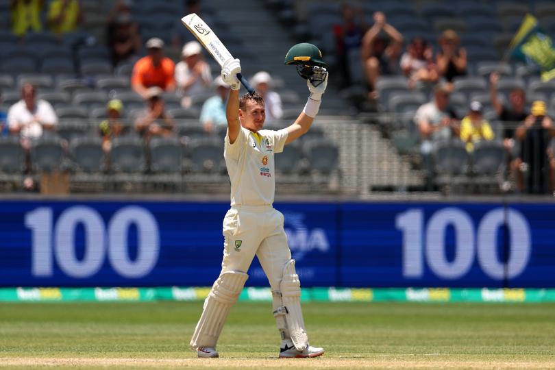 PERTH, AUSTRALIA - DECEMBER 03: Marnus Labuschagne of Australia celebrates his century during day four of the First Test match between Australia and the West Indies at Optus Stadium on December 03, 2022 in Perth, Australia. (Photo by Cameron Spencer/Getty Images)