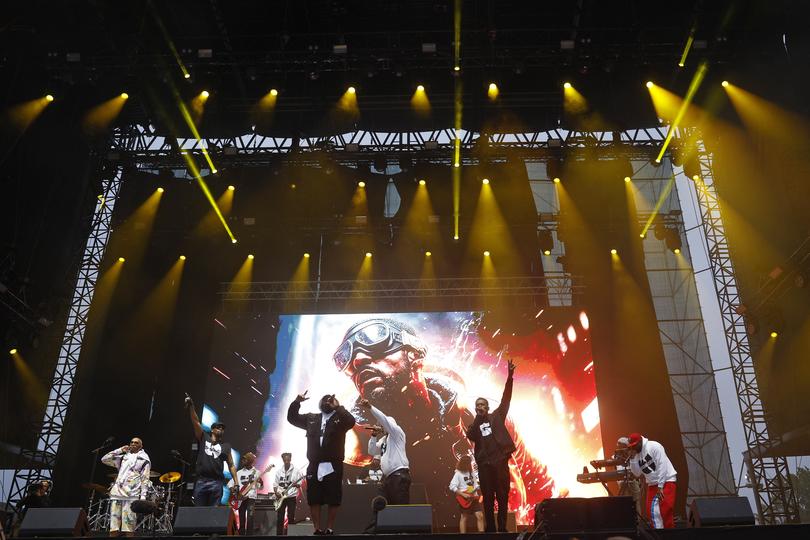 epa10746825 US hip hop collective Wu-Tang Clan performs during the Super Bock Super Rock Festival in Meco, Portugal, 14 July 2023. The festival runs until 15 July.  EPA/ANTONIO PEDRO SANTOS