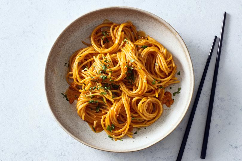 Gochujang Buttered Noodles. These garlicky, buttery noodles are perfect for when you need a stellar pantry meal lickety-split. Food Stylist: Barrett Washburne. (James Ransom/The New York Times)