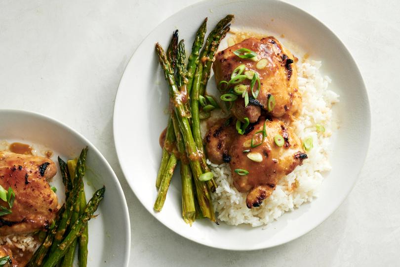 Miso-Honey Chicken and Asparagus. This quick and easy sheet-pan meal is broiled instead of baked, which chars the marinade slightly on the chicken, browns the asparagus for maximum flavor and cuts the cooking time to around 10 minutes. Food Stylist: Simon Andrews. (David Malosh/The New York Times)