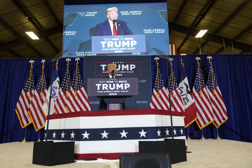 Former President Donald Trump speaks during a commit to caucus rally, Friday, Jan. 5, 2024, in Mason City, Iowa. (AP Photo/Charlie Neibergall)