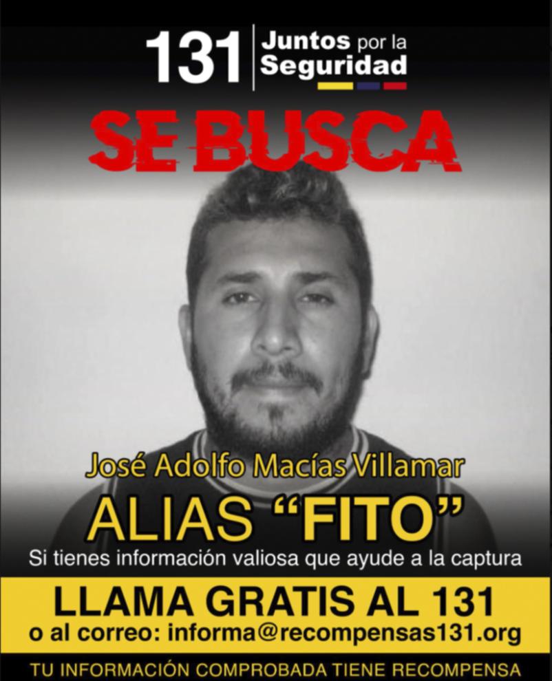 This wanted poster posted on Tuesday, Jan. 9, 2024 on X formerly known as Twitter, by Ecuador's Ministry of Interior, shows José Adolfo Macías Villamar, leader of Los Choneros gang. Macías was discovered missing on Sunday from a Guayaquil prison cell where he was serving a 34-year sentence for drug trafficking.  Also known by the alias “Fito,” Macías is on the country's most wanted list and a reward is being offered for information that helps find his whereabouts. (Ecuador's Ministry of Interior via AP)