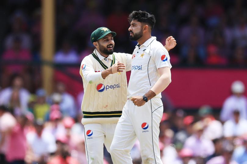 Aamir Jamal of Pakistan celebrates the wicket of Travis Head of Australia on Jane McGrath Day during day three of the Men's Third Test Match in the series between Australia and Pakistan at Sydney Cricket Ground on January 05, 2024.