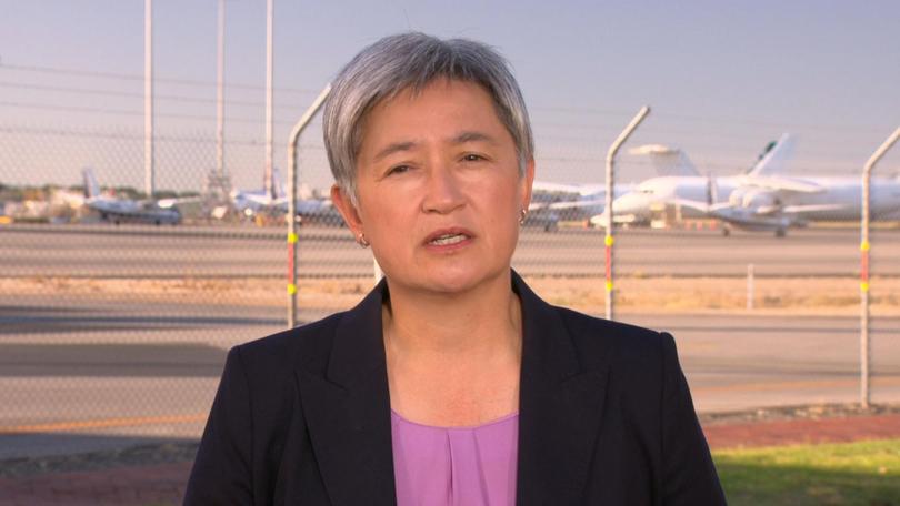 Foreign Minister Penny Wong at a press conference Monday morning before departing for Israel.
