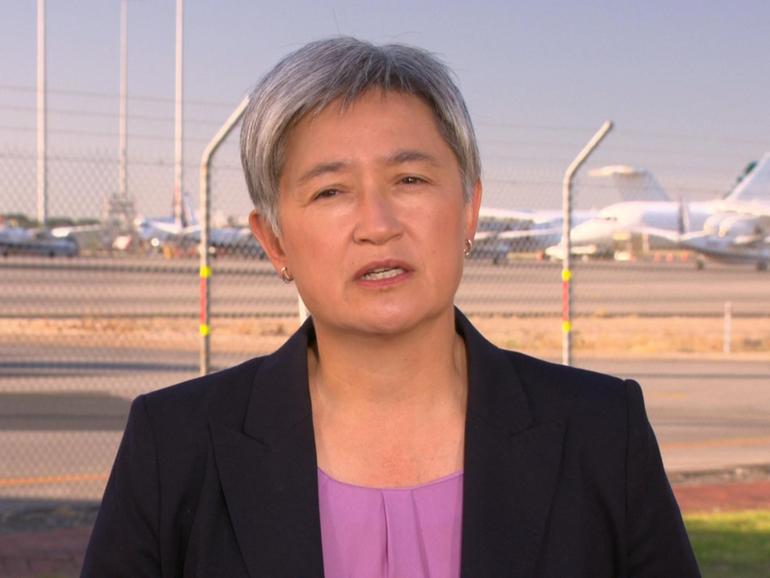 Foreign Minister Penny Wong at a press conference Monday morning before departing for Israel.