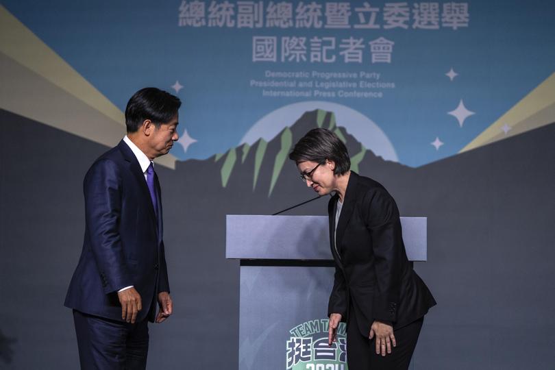 Taiwanese Vice President Lai Ching-te, also known as William Lai, left, and running mate Bi-khim Hsiao bow to each other in New Taipei City, Taiwan, Saturday, Jan. 13, 2024. The Ruling-party candidate emerged victorious in Taiwan's presidential election on Saturday and his opponents conceded, a result that will chart the trajectory of the self-ruled democracy's relations with China over the next four years.(AP Photo/Louise Delmotte)