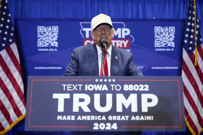 Republican presidential candidate former President Donald Trump speaks at a rally at Simpson College in Indianola, Iowa, Sunday, Jan. 14, 2024. (AP Photo/Andrew Harnik)