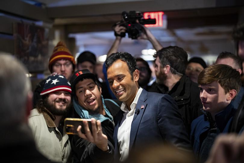 Vivek Ramaswamy, a Republican presidential candidate, greets the crowd during a campaign event on Caucus Day in Urbandale, Iowa, Monday, January 15, 2024..