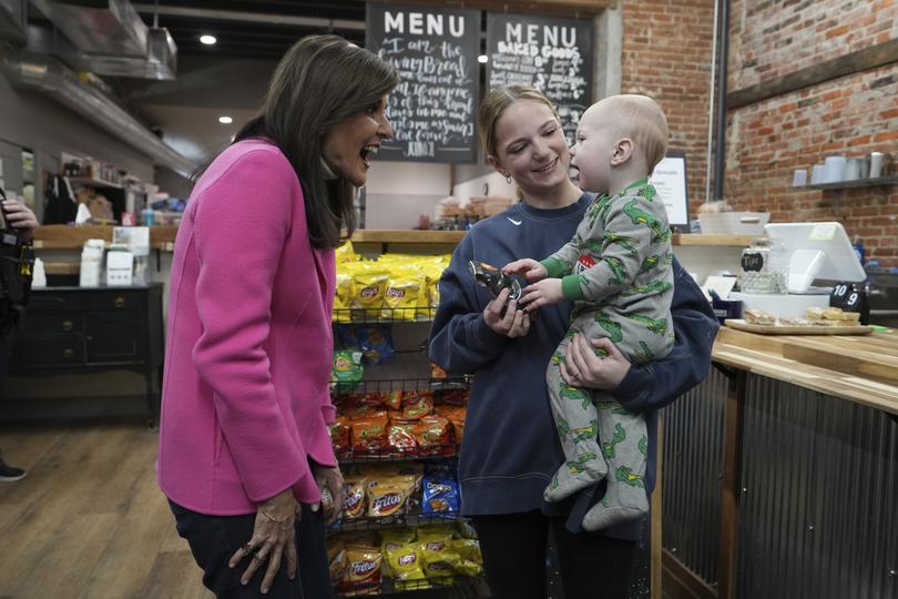 Former South Carolina Gov. Nikki Haley, a Republican presidential candidate, makes a campaign stop at the Bread Board on Caucus Day in Pella, Iowa.