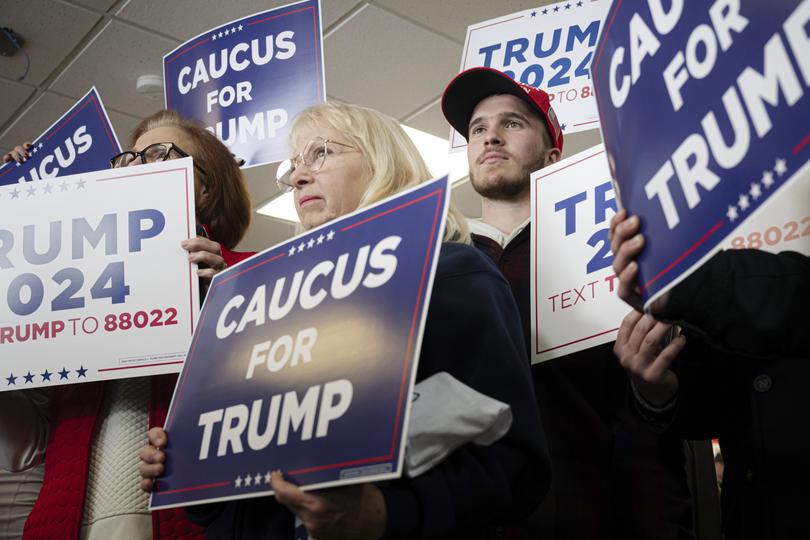 Supporters at former President Donald Trump's campaign headquarters in Urbandale, Iowa, on Jan. 13, 2024.