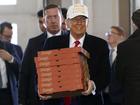 Republican presidential candidate former President Donald Trump arrives to deliver pizza to fire fighters at Waukee Fire Department.