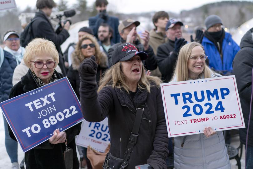 Supporters cheer as Donald Trump Jr. speaks at a campaign stop at Fulchino Vineyard for his father, Republican presidential candidate former President Donald Trump, Monday, Jan. 22, 2024, in Hollis, N.H., ahead of tomorrow's New Hampshire Republican presidential primary. (AP Photo/David Goldman)