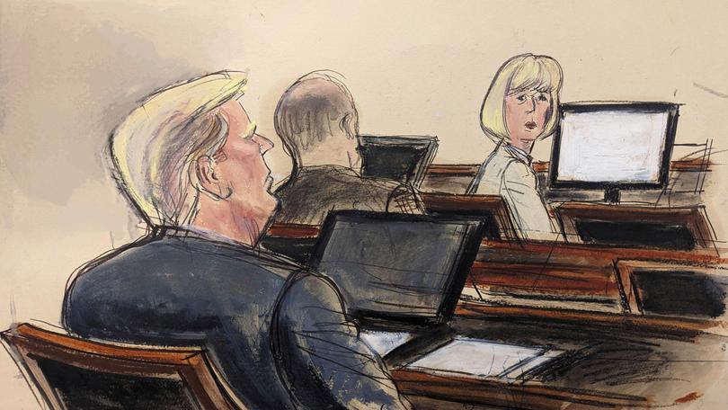 In this courtroom sketch, E. Jean Carroll, right, turns around towards Donald Trump, seated, left, Tuesday, Jan. 16, 2024, in New York. 