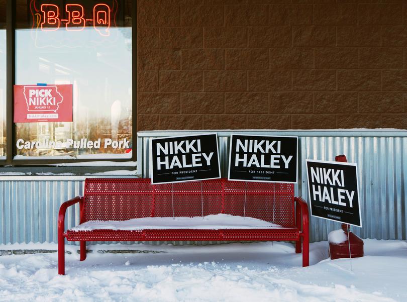 Campaign signs outside a rally for former Gov. Nikki Haley of South Carolina, a candidate for the Republican presidential nomination, at Jethros BBQ in Ames, Iowa, on Sunday, Jan. 14, 2024. 