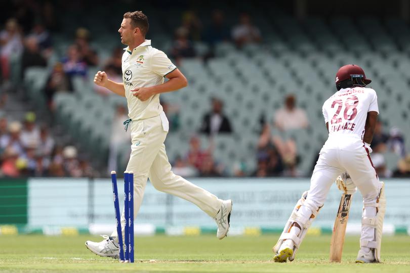 ADELAIDE, AUSTRALIA - JANUARY 17: Josh Hazlewood of Australia celebrates the wicket of Alick Athanaze of the West Indies during the Mens Test match series between Australia and West Indies at Adelaide Oval on January 17, 2024 in Adelaide, Australia. (Photo by Paul Kane/Getty Images)