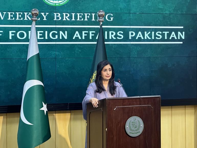 Pakistani Foreign Ministry spokesperson Mumtaz Zahra Baloch speaks during the weekly briefing at Ministry of Foreign Affairs building in Islamabad, Pakistan on January 18.