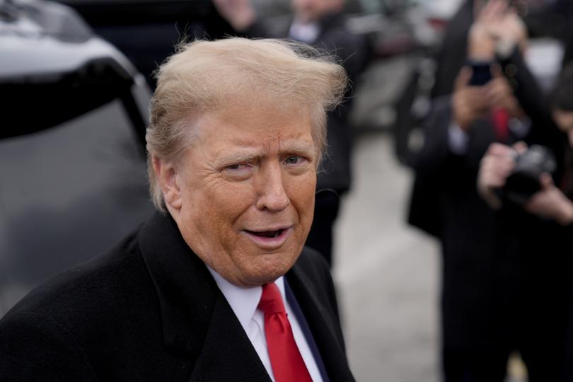 Republican presidential candidate former President Donald Trump addresses members of the press during a campaign stop in Londonderry, N.H., Tuesday, Jan. 23, 2024. (AP Photo/Matt Rourke)