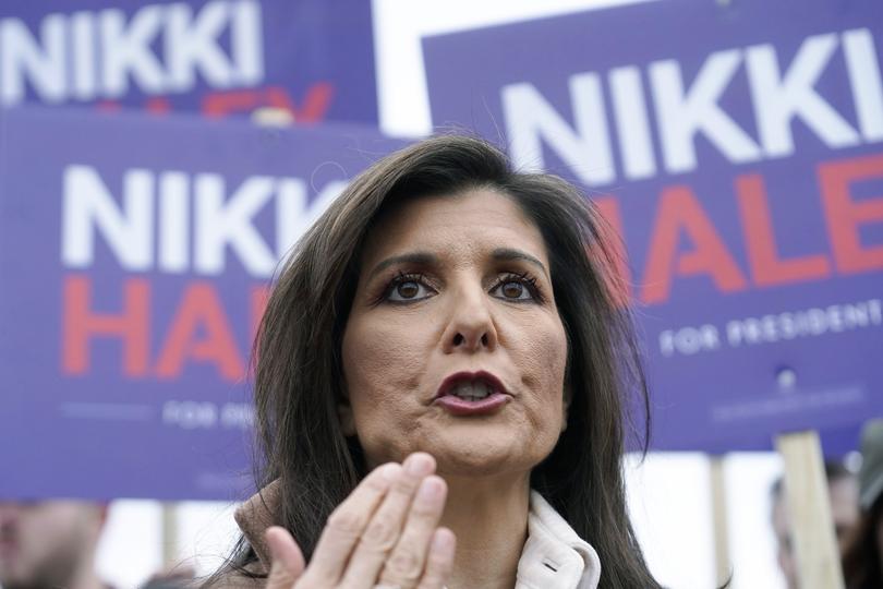 Republican presidential candidate former U.N. Ambassador Nikki Haley addresses members of the media, Tuesday, Jan. 23, 2024, near a polling site at Winnacunnet High School in Hampton, N.H. (AP Photo/Steven Senne)