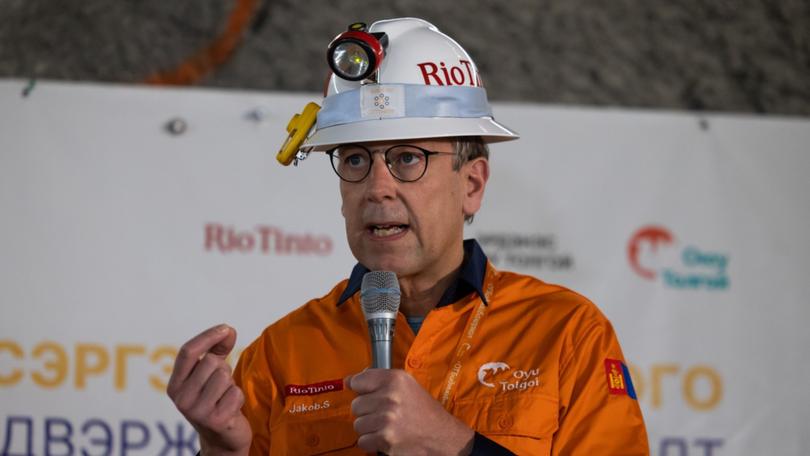 Jakob Stausholm, chief executive officer of Rio Tinto Group, speaks during a ceremony marking the production commencement of the underground portion of the Oyu Tolgoi copper-gold mine, jointly owned by Rio Tinto Group's Turquoise Hill Resources Ltd. unit and state-owned Erdenes Oyu Tolgoi LLC, in Khanbogd, the South Gobi desert, Mongolia, on Monday, March 13, 2023. Rio has begun digging copper from the underground project of its prized mine in Mongolia — an expansion that will turn the operation into one of the world’s largest — after years of delays, cost blow-outs and billion-dollar disputes with the country’s government. Photographer: SeongJoon Cho/Bloomberg