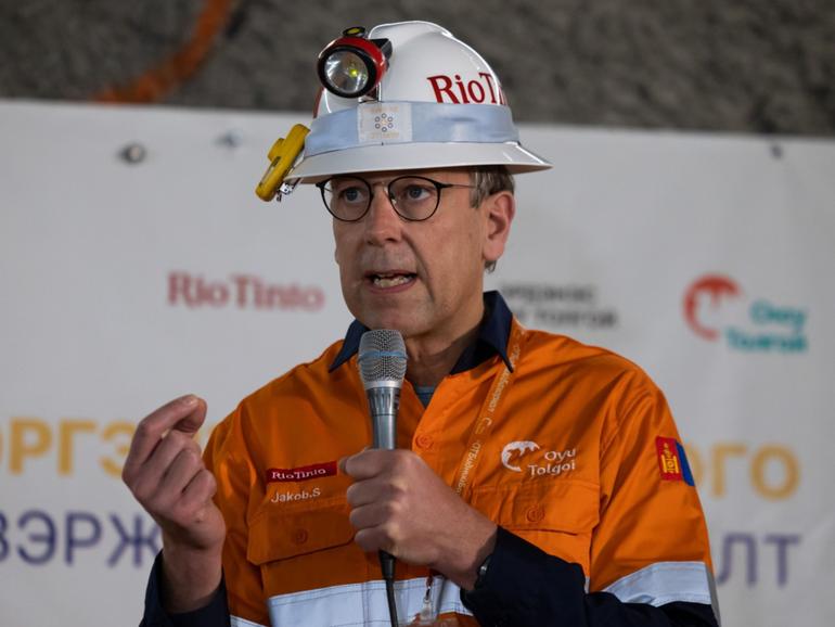 Jakob Stausholm, chief executive officer of Rio Tinto Group, speaks during a ceremony marking the production commencement of the underground portion of the Oyu Tolgoi copper-gold mine, jointly owned by Rio Tinto Group's Turquoise Hill Resources Ltd. unit and state-owned Erdenes Oyu Tolgoi LLC, in Khanbogd, the South Gobi desert, Mongolia, on Monday, March 13, 2023. Rio has begun digging copper from the underground project of its prized mine in Mongolia — an expansion that will turn the operation into one of the world’s largest — after years of delays, cost blow-outs and billion-dollar disputes with the country’s government. Photographer: SeongJoon Cho/Bloomberg