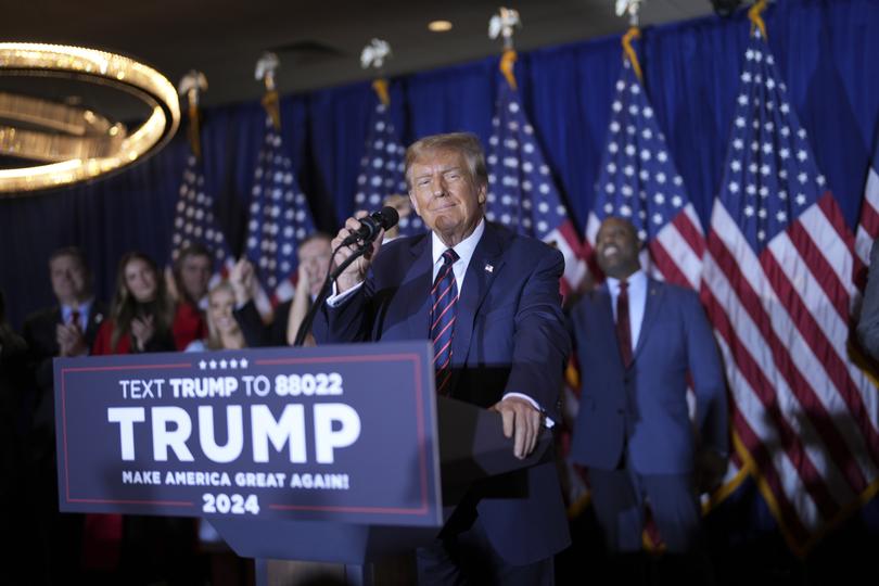 Former President Donald Trump speaks after defeating Nikki Haley in the New Hampshire primary. (Doug Mills/The New York Times)