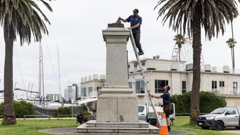 A statue of Captain Cook in St Kilda, Melbourne, has been cut off at the ankles.