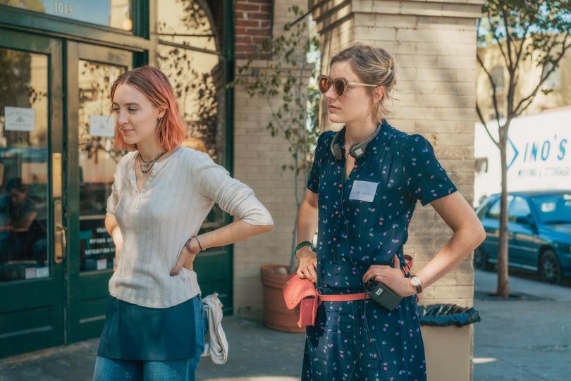 Saoirse Ronan and Greta Gerwig on the set of Lady Bird, which has earned five Oscar nominations.