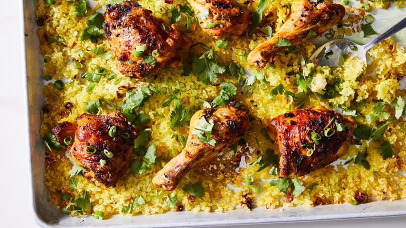 Sheet pan turmeric chicken with crispy rice, in New York on Jan 9. 2024. 


