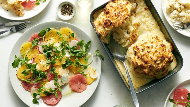 A little technique is the key to a three-course meal composed of a bright citrus salad, comforting cauliflower cheese and a pistachio chocolate bark.