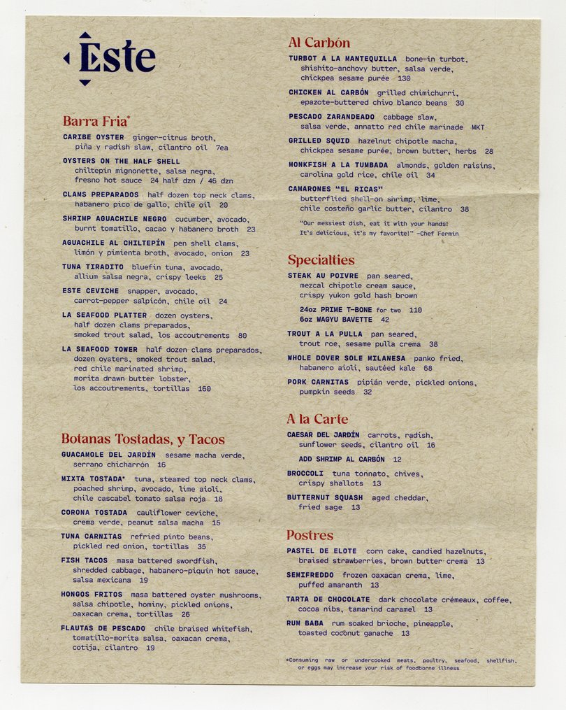 The menu from Este in Austin, Texas, which aims for a happy medium between the elaborate dish descriptions of the 1990s and the single-ingredient titles of the 2000s.