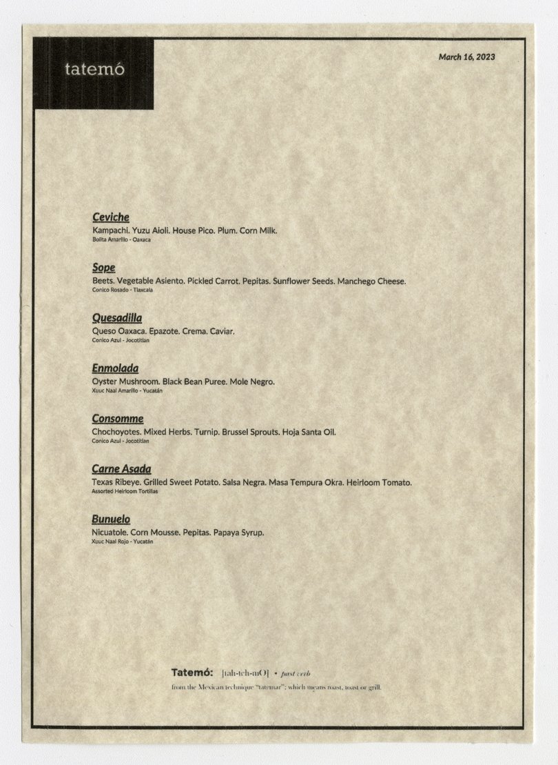 The menu at Tatemó in Houston, an example of a trend toward tiny, tiny fonts.