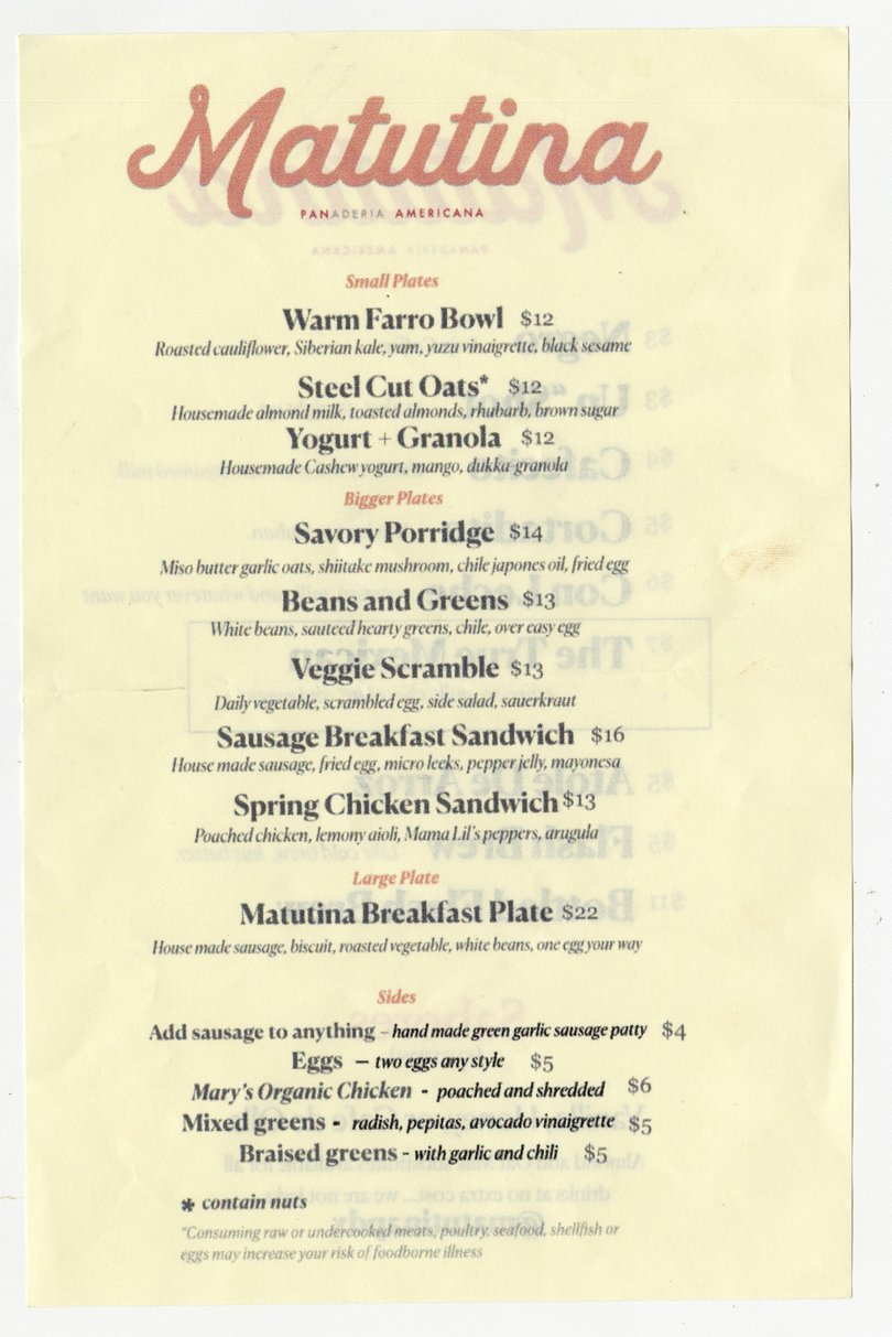 Matutina in Portland, Ore., uses its menu to highlight orders with larger portions, a departure from the trend of sprawling lists of small plates.