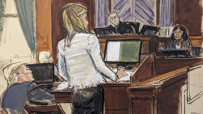 In this courtroom sketch, Thursday, Jan. 25, 2024, Donald Trump, lower left, watches his attorney Alina Habba, standing center, question witness Carol Martin, far right, in Federal Court in New York. Judge Lewis Kaplan is on the bench, and E. Jean Carroll is seated, background left. (Elizabeth Williams via AP)