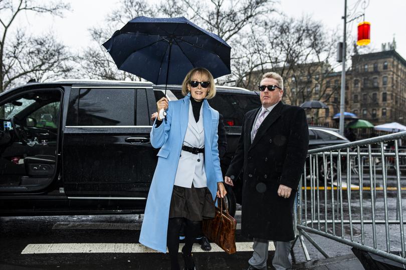 E. Jean Carroll arrives at Federal Court, Thursday, Jan. 25, 2024, in New York.  Former President Donald Trump could return to a New York courtroom Thursday to defend himself against a lawsuit seeking more than $10 million for things he said about Carroll after she accused him of sexual assault.(AP Photo/Peter K. Afriyie)